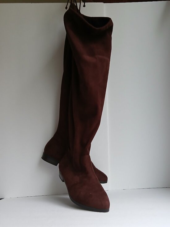 Brown Suede Wide Calf Flat Over the Knee Boot Side Zip TieTop NWOB Sz8.5 WW - Picture 1 of 15